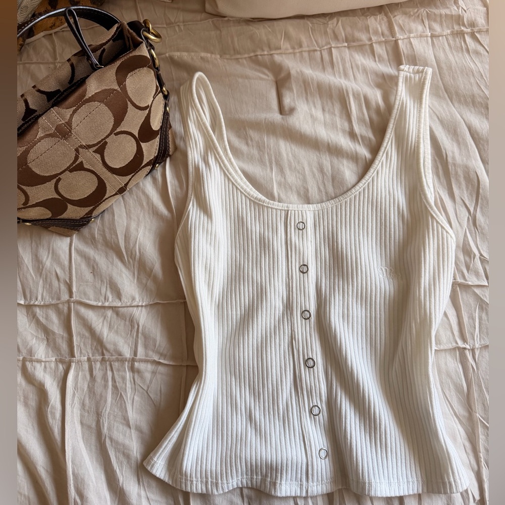 Miss Me White Ribbed Tank Top with Button Detail